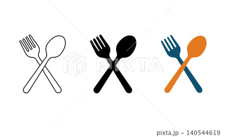 Fork and spoon cutlery icon set outline silhouette and color vector isolated on white background 140544619