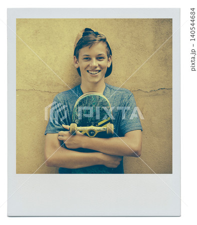 Portrait, skateboard and happy teenager on a wall background for sports, polaroid or fashion picture in Australia. Cap, skater and smile of young boy with a hat for instant photograph on mockup space Portrait, skateboard and happy teenager on a wall background for sports, polaroid or fashion picture in Australia. Cap, skater and smile of young boy with a hat for instant photograph on mockup space 140544684