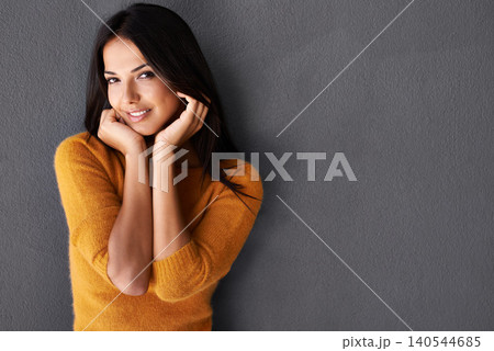 Woman, smile and portrait for clothes, relax and style for fashion and comfort for winter or weekend. Female person, model and happy with jersey for casual outfit, stylish and trend on mockup 140544685