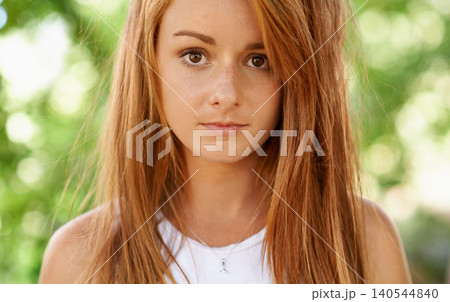 Girl, teenager and portrait in outdoor or garden for comfort, clean and hygiene for natural skin, hair and face. Young person and teen with ginger and freckles for clear and healthy for wellness Girl, teenager and portrait in outdoor or garden for comfort, clean and hygiene for natural skin, hair and face. Young person and teen with ginger and freckles for clear and healthy for wellness 140544840