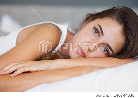 Morning, calm and portrait of woman in bed with wellness, confidence and cozy in apartment. Face, home and girl in bedroom with peace, relax and wake up for healthy sleep, comfort and natural rest. Morning, calm and portrait of woman in bed with wellness, confidence and cozy in apartment. Face, home and girl in bedroom with peace, relax and wake up for healthy sleep, comfort and natural rest. 140544939