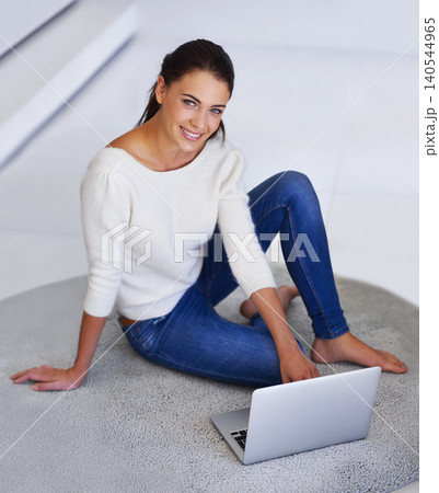 Laptop, portrait and smile of woman on floor in home for remote work, social media or reading email on internet in Argentina. Computer, freelancer and person on carpet with tech to relax in house Laptop, portrait and smile of woman on floor in home for remote work, social media or reading email on internet in Argentina. Computer, freelancer and person on carpet with tech to relax in house 140544965