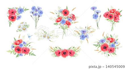 Wildflower bouquets with red poppies, blue cornflowers and chamomiles watercolor isolated illustration set. Hand drawn meadow flowers clipart for summer designs. Botanical detailed drawing. Wildflower bouquets with red poppies, blue cornflowers and chamomiles watercolor isolated illustration set. Hand drawn meadow flowers clipart for summer designs. Botanical detailed drawing. 140545009