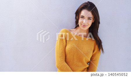 Portrait, fashion and happy woman, model or girl in an outfit isolated on a purple wall background mockup space. Face, trendy and smile of female person in casual clothes or stylish sweater in Italy Portrait, fashion and happy woman, model or girl in an outfit isolated on a purple wall background mockup space. Face, trendy and smile of female person in casual clothes or stylish sweater in Italy 140545052