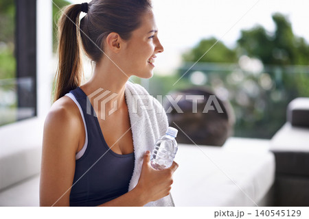 Exercise, bottle and happy woman with water to drink, health and hydration for gym, training and workout. Activewear, trainer or athlete relaxed for fitness, wellness and cardio for vitality Exercise, bottle and happy woman with water to drink, health and hydration for gym, training and workout. Activewear, trainer or athlete relaxed for fitness, wellness and cardio for vitality 140545129