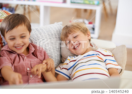 Laptop, kids and happy siblings on sofa for cartoon, film or streaming funny movie at home. Computer, learning or boy children in house for google it, search or video comic, show or netflix and chill Laptop, kids and happy siblings on sofa for cartoon, film or streaming funny movie at home. Computer, learning or boy children in house for google it, search or video comic, show or netflix and chill 140545240
