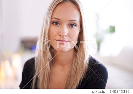 Portrait, beauty and woman relax in home, female person and makeup with cosmetics and skincare. Cosmetology for glowing face and dermatology for classy, Canadian girl and peaceful in lounge 140545353