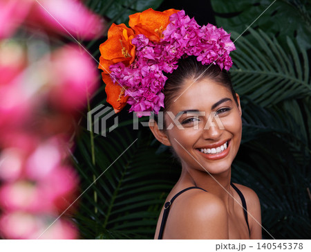 Portrait, smile and woman with flower crown for beauty, organic skincare and dermatology in tropical jungle. Exotic, nature and Spanish person with happiness for sustainable, cosmetics and wellness Portrait, smile and woman with flower crown for beauty, organic skincare and dermatology in tropical jungle. Exotic, nature and Spanish person with happiness for sustainable, cosmetics and wellness 140545378