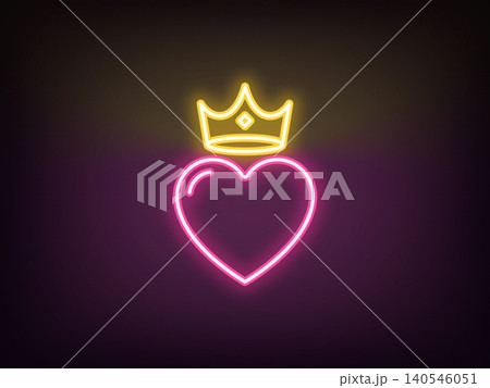 Outline neon king love, pink yellow. Neon royal heart with crown, kingdom of love. King or queen heart, royal love authority, amour empire, majestic heart with royal crown, donation. Vector 140546051