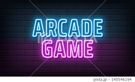 Neon text Arcade Game, blue magenta colors. Greeting promo banner with neon phrase Arcade Game. Glowing outline text, gaming arcade and retro videogames, play room. Vector illustration Neon text Arcade Game, blue magenta colors. Greeting promo banner with neon phrase Arcade Game. Glowing outline text, gaming arcade and retro videogames, play room. Vector illustration 140546194