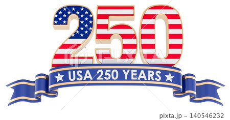 USA 250 years anniversary with patriotic ribbon. 3D rendering USA 250 years anniversary with patriotic ribbon. 3D rendering 140546232