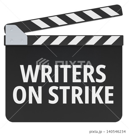 Writers on Strike concept with clapperboard. Film industry labor protest and production shutdown concept, 3d rendering Writers on Strike concept with clapperboard. Film industry labor protest and production shutdown concept, 3d rendering 140546234