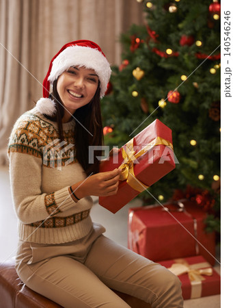 Christmas, confident and portrait of woman with present at her home for festive celebration, event or party. Smile, happy and female person with gift box for xmas surprise in living room at apartment Christmas, confident and portrait of woman with present at her home for festive celebration, event or party. Smile, happy and female person with gift box for xmas surprise in living room at apartment 140546246