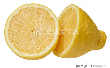 Two halves of ripe yellow lemon with juicy textured pulp in cross section Two halves of ripe yellow lemon with juicy textured pulp in cross section 140546260