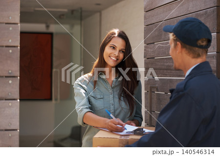Parcel, woman and courier with delivery, signature and distribution with compliance and customer. Home, front door and client with employee or industry with box and service with clipboard and package Parcel, woman and courier with delivery, signature and distribution with compliance and customer. Home, front door and client with employee or industry with box and service with clipboard and package 140546314