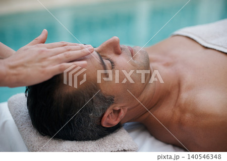 Spa, man and face with massage for wellness at resort, luxury hotel and vacation for relax and therapeutic pamper. People, masseuse and body care with facial treatment, hospitality and zen outdoor Spa, man and face with massage for wellness at resort, luxury hotel and vacation for relax and therapeutic pamper. People, masseuse and body care with facial treatment, hospitality and zen outdoor 140546348