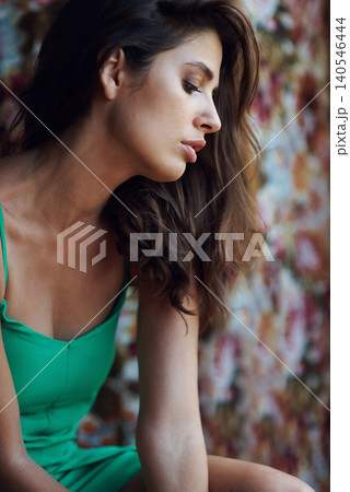 Thinking, fashion and woman with profile for elegant, casual or stylish clothing in living room. Confidence, relax and face of female person for thoughtful, trendy or designer outfit in Verona Thinking, fashion and woman with profile for elegant, casual or stylish clothing in living room. Confidence, relax and face of female person for thoughtful, trendy or designer outfit in Verona 140546444