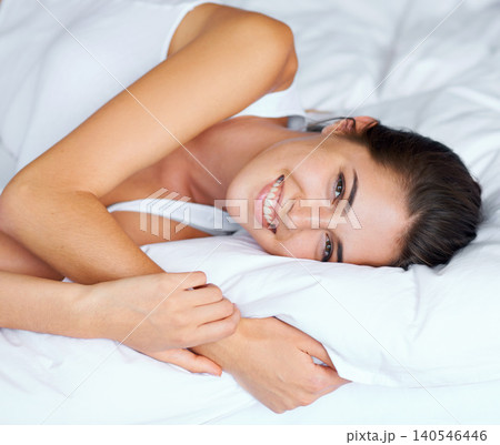 Morning, relax and portrait of happy woman in bed with wellness, confidence and wake up in apartment. Face, sleep and girl in bedroom with peace, calm and smile for health, comfort and natural rest. Morning, relax and portrait of happy woman in bed with wellness, confidence and wake up in apartment. Face, sleep and girl in bedroom with peace, calm and smile for health, comfort and natural rest. 140546446
