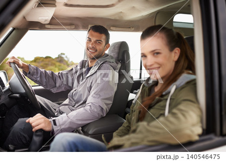 Couple, man and portrait on road trip with travel for adventure, vacation and anniversary getaway with happiness in nature. Woman, car and driving in vehicle for holiday journey, tourism or honeymoon Couple, man and portrait on road trip with travel for adventure, vacation and anniversary getaway with happiness in nature. Woman, car and driving in vehicle for holiday journey, tourism or honeymoon 140546475