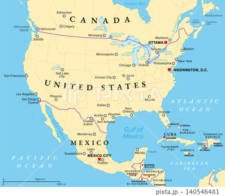 Canada below the territories, United States, and Mexico, political map, with capitals and largest cities. Canada south of 60, USA, and Mexico, with borders of countries, states, and provinces. Vector Canada below the territories, United States, and Mexico, political map, with capitals and largest cities. Canada south of 60, USA, and Mexico, with borders of countries, states, and provinces. Vector 140546481