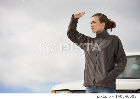 Car, road trip and thinking woman outdoor for location, search or holiday, adventure and exploration. Travel, stop and female person with vehicle in outside for route, planning or idea for journey Car, road trip and thinking woman outdoor for location, search or holiday, adventure and exploration. Travel, stop and female person with vehicle in outside for route, planning or idea for journey 140546605