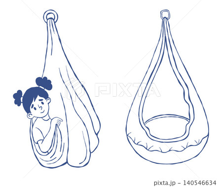 Sensory Therapy Swing and Pod Hammock Set with Girl. Kids Occupational Vestibular Training. Isolated Line Hand Drawn. Vector Illustration. Hanging Cocoon for Autism, ADHD Relaxation, Calming Corner. Sensory Therapy Swing and Pod Hammock Set with Girl. Kids Occupational Vestibular Training. Isolated Line Hand Drawn. Vector Illustration. Hanging Cocoon for Autism, ADHD Relaxation, Calming Corner. 140546634