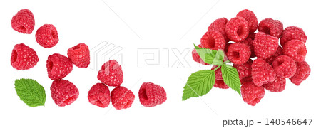 Ripe raspberries with leaf isolated on a white background. Top view. Flat lay Ripe raspberries with leaf isolated on a white background. Top view. Flat lay 140546647