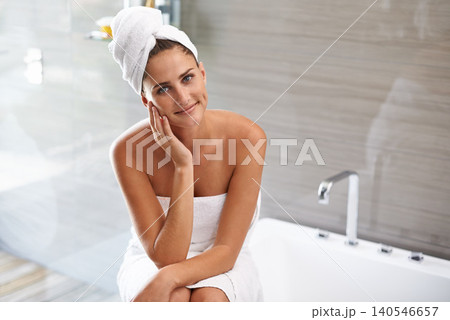 Bathroom, portrait and woman with smile for skincare or beauty for soft, smooth and shine on face. Morning, routine and female person with happiness for treatment of dermatology or cosmetology Bathroom, portrait and woman with smile for skincare or beauty for soft, smooth and shine on face. Morning, routine and female person with happiness for treatment of dermatology or cosmetology 140546657