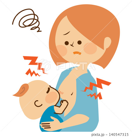 母乳育児のトラブル 授乳をする困った表情の母親のイラスト 母乳育児のトラブル 授乳をする困った表情の母親のイラスト 140547315