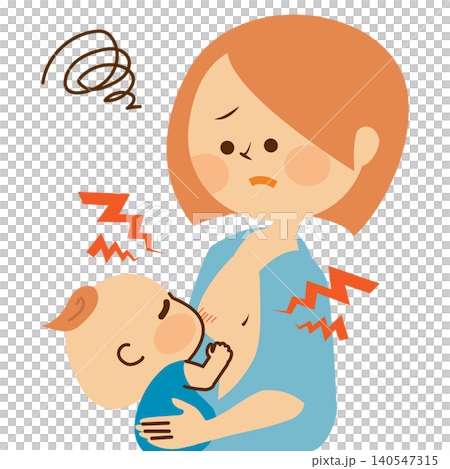 母乳育児のトラブル 授乳をする困った表情の母親のイラスト 母乳育児のトラブル 授乳をする困った表情の母親のイラスト 140547315