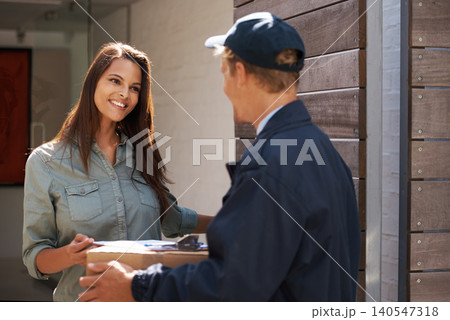 Package, woman and courier with delivery, distribution and parcel with compliance and customer service. Home, front door and client with employee or industry with box and clipboard with signature Package, woman and courier with delivery, distribution and parcel with compliance and customer service. Home, front door and client with employee or industry with box and clipboard with signature 140547318