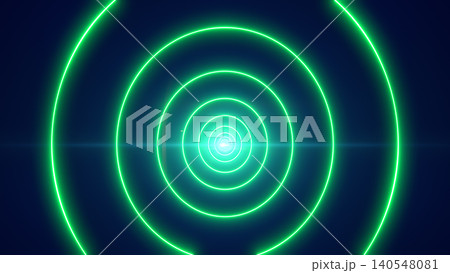 Abstract green concentric neon rings glowing toward a bright center on a dark blue futuristic background. Abstract green concentric neon rings glowing toward a bright center on a dark blue futuristic background. 140548081