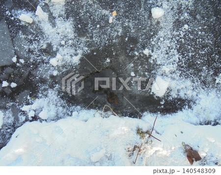 Small hole in ice covering the pond surface in winter. Small hole in ice covering the pond surface in winter. 140548309
