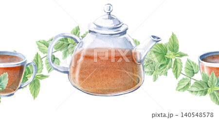 A teapot and cup with lemon balm branches in a seamless border. Isolated watercolor illustration for drink menu designs, herbal tea packaging, cards, product labels, prints, and blog posts. 140548578