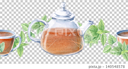A teapot and cup with lemon balm branches in a seamless border. Isolated watercolor illustration for drink menu designs, herbal tea packaging, cards, product labels, prints, and blog posts. 140548578