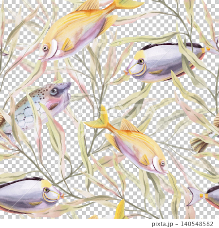 A seamless pattern of various fish in delicate seaweed. Perfect for children's products, summer cards, beach decor, websites, textiles, packaging, and interior design. 140548582