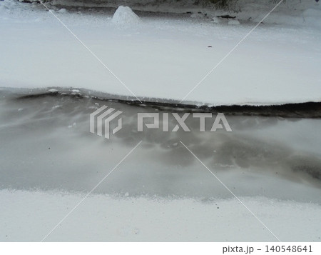 Surface of frozen Ostravice river covered by a cracked layer of ice Surface of frozen Ostravice river covered by a cracked layer of ice 140548641