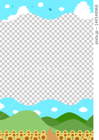 Simple vertical frame featuring summer sunflowers, sky, and mountains. 140548968