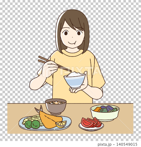 An illustration of a girl eating a balanced meal. An illustration of a girl eating a balanced meal. 140549015