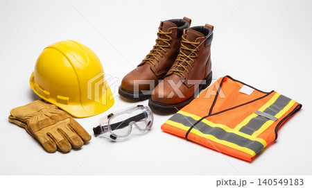 Set of industrial protective equipment for construction workers with hard hat safety first construction equipment protective industrial clothing protection visibility maintenance engineering 140549183