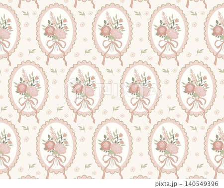 Seamless pattern with scalloped oval cameos, floral bouquets of roses and hydrangeas tied with ribbon bows on soft cream background. Cottagecore grandmillennial romantic textile design. 140549396