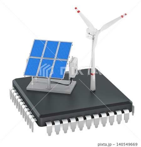 Renewable energy chip with solar panels and wind turbine. 3D rendering 140549669