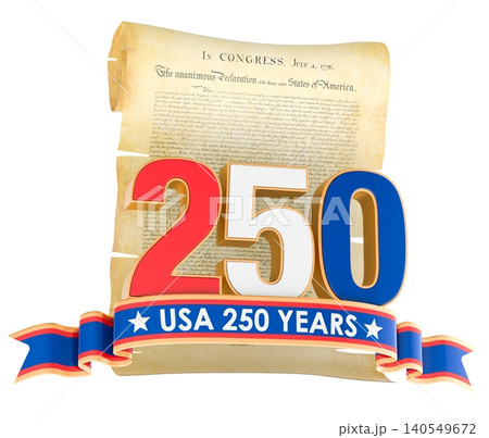 USA 250 years emblem with Declaration scroll and patriotic ribbon. 3D rendering 140549672