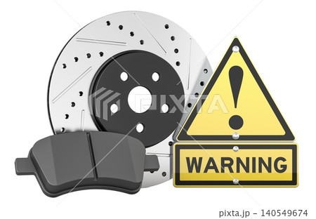 Brake disc and pad with warning sign for car safety. 3D rendering 140549674