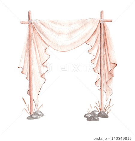 Watercolor boho wedding arch with draped fabric and natural wooden frame. Elegant ceremony backdrop with copy space for invitations, greeting cards, signage, event stationery and celebration designs Watercolor boho wedding arch with draped fabric and natural wooden frame. Elegant ceremony backdrop with copy space for invitations, greeting cards, signage, event stationery and celebration designs 140549813