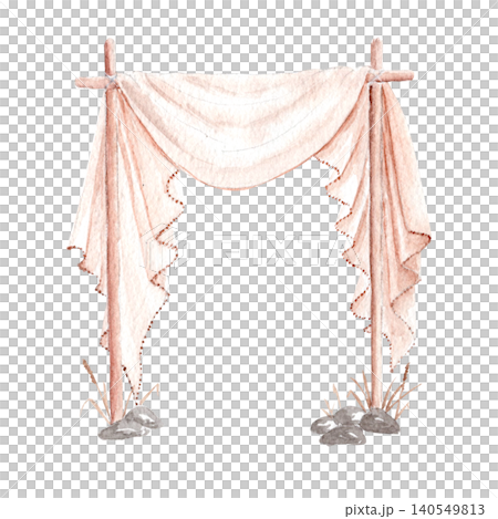 Watercolor boho wedding arch with draped fabric and natural wooden frame. Elegant ceremony backdrop with copy space for invitations, greeting cards, signage, event stationery and celebration designs 140549813