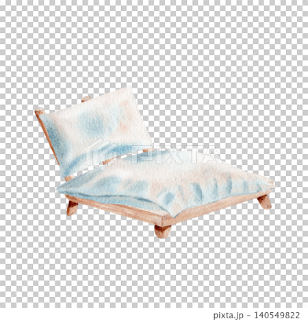 Watercolor beach lounge chair with cushion. Hand painted coastal furniture illustration isolated on white. Perfect for summer decor, resort branding, invitations, greeting card, seaside themed project 140549822