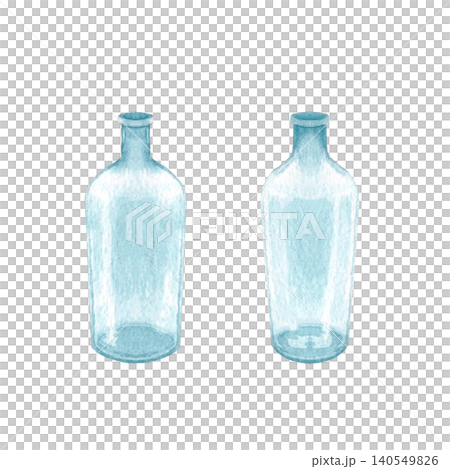 Watercolor blue glass bottles isolated on white background. Hand painted transparent coastal containers, vintage style, suitable for beach decor, nautical designs, clipart collections, summer projects Watercolor blue glass bottles isolated on white background. Hand painted transparent coastal containers, vintage style, suitable for beach decor, nautical designs, clipart collections, summer projects 140549826