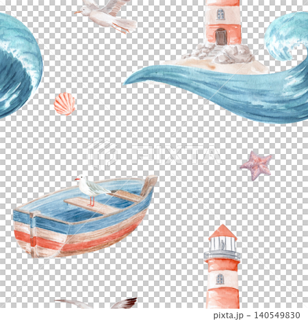Watercolor rowboat, lighthouse, ocean waves, seagull, starfish, seashell seamless pattern. Hand painted nautical design in soft blue, coral tones for wallpaper, fabric, textiles, beach house decor Watercolor rowboat, lighthouse, ocean waves, seagull, starfish, seashell seamless pattern. Hand painted nautical design in soft blue, coral tones for wallpaper, fabric, textiles, beach house decor 140549830