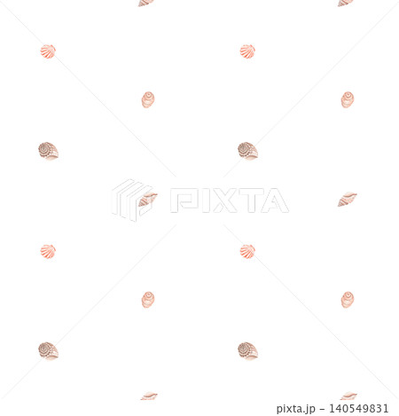 Minimal watercolor coastal seamless pattern with scattered shells on white background. Delicate beach-inspired design for fabric, wallpaper, stationery, wrapping paper, nursery decor. Soft pastel Minimal watercolor coastal seamless pattern with scattered shells on white background. Delicate beach-inspired design for fabric, wallpaper, stationery, wrapping paper, nursery decor. Soft pastel 140549831